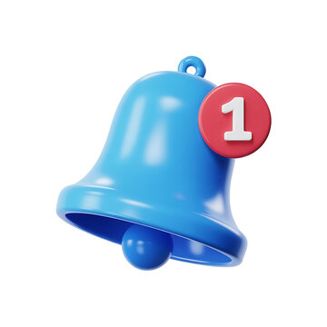 3d blue notification bell icon showing one alert badge isolated on transparent background. Png
