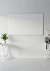 Minimalist White Interior Photo Featuring Blank Wall Empty Frame Desk Plant Books Light