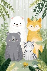 Adorable Cartoon Forest Animals with Green Foliage Background