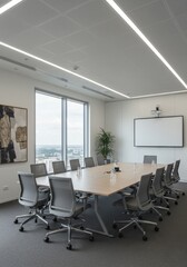 Modern Conference Room Interior With Light Tables Chairs and Windows Photo