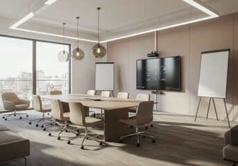 Modern Conference Room Interior With Presentation Screen and Sunlight Photo