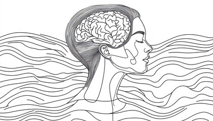 Mente subacquea: Studio di profilo di testa femminile con cervello visibile