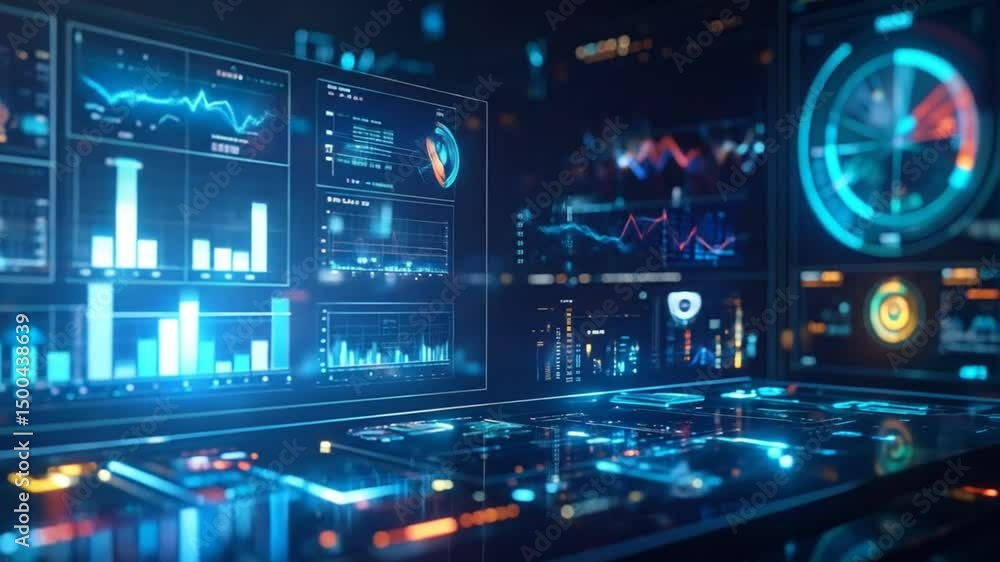 Poster futuristic data center with holographic displays and advanced analytics for business solutions