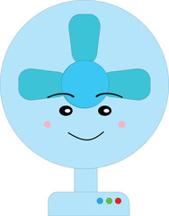 A cheerful blue electric fan with a cute face, ideal for use in school supply illustrations or children’s educational content.