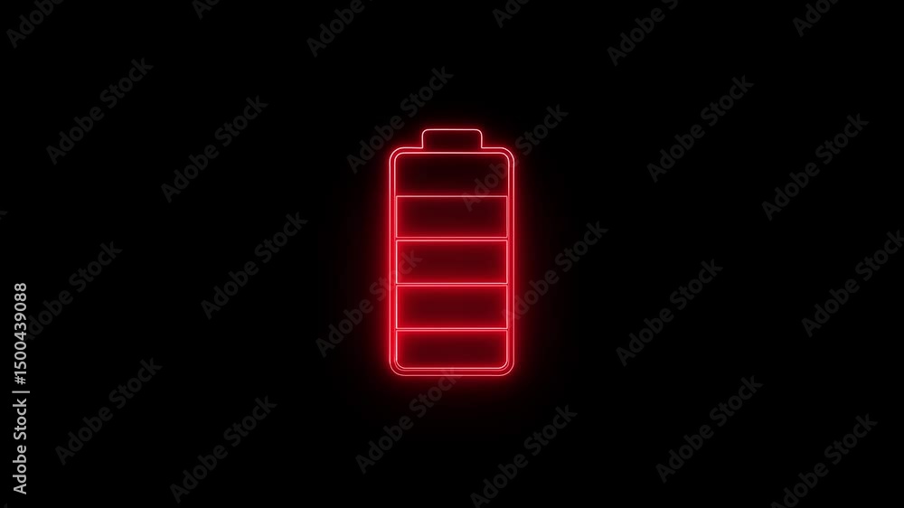 Poster Charging battery displaying energy status for tech. Red neon battery indicator on black background animation showing charging status and energy levels for tech concept