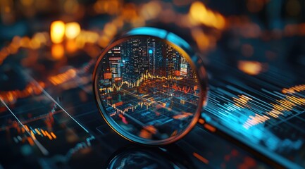 Magnified city skyline through lens over financial data