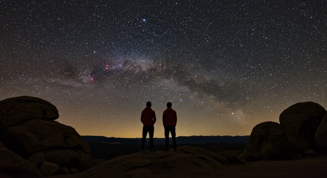 Night Sky Milky Way Galaxy Silhouette Two People Standing Observing Red Coats - Powered by Adobe