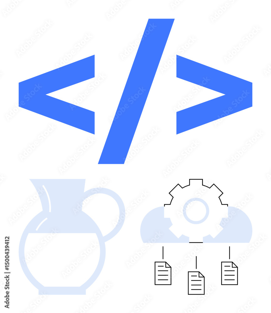Poster gear in cloud linked to files, codes for development, and minimal pitcher outline. ideal for softwar