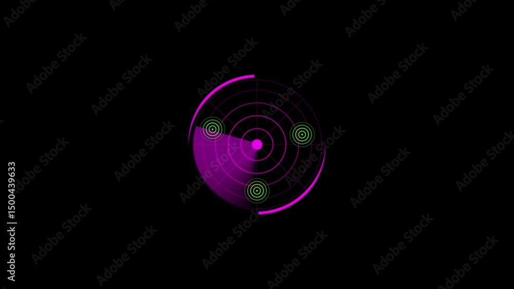 Poster radar display with neon pink and green scanning waves. animated futuristic radar display on black ba