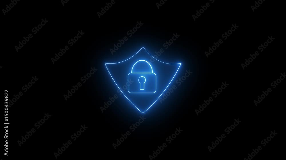 Poster security shield and lock for data protection. neon blue security shield and lock animated on a dark 