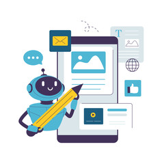 Flat Illustration of a AI Robot Generating Digital Content. Illustrations for websites, landing pages, mobile apps, posters and banners