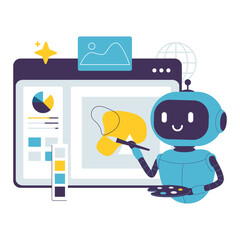 Flat Illustration of a AI Robot Creating Digital Art with a Paintbrush on a Computer Screen. Illustrations for websites, landing pages, mobile apps, posters and banners
