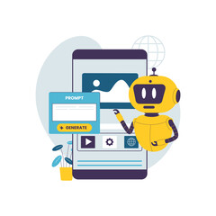 Flat Illustration of AI Robot Generating User Interface with Prompt. Illustrations for websites, landing pages, mobile apps, posters and banners