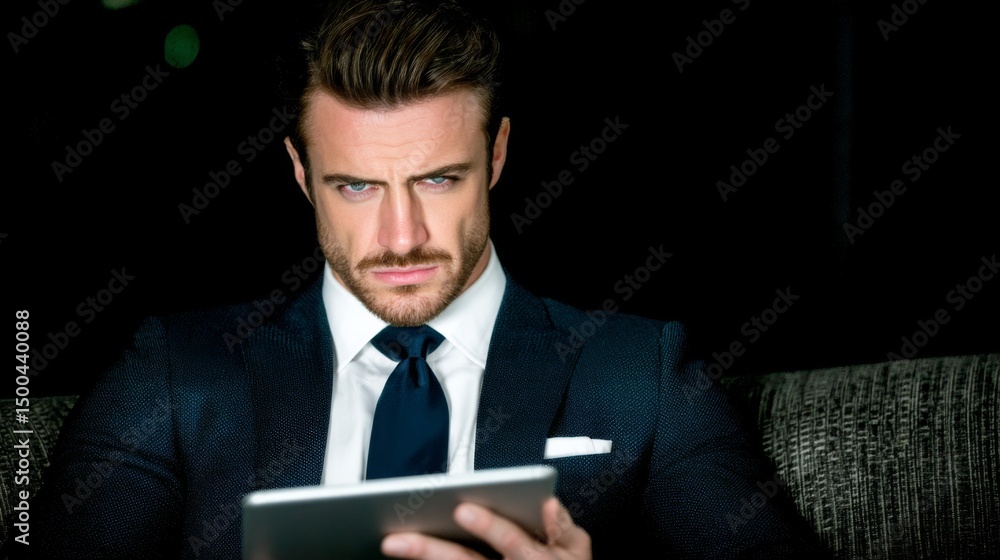 Poster confident businessman in formal attire using a tablet device in a professional setting