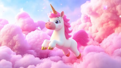 Cute Unicorn Flying Pink Clouds.