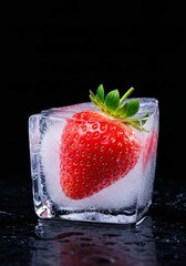 Photo A Single Red Strawberry Frozen In A Transparent Ice Cube Against Black Background
