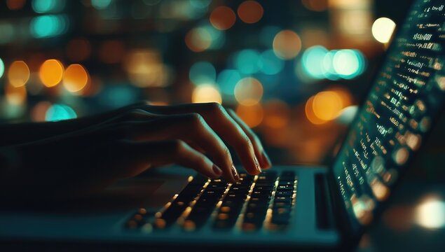 Close-up of hands typing on laptop at night. City lights out-of-focus - Powered by Adobe