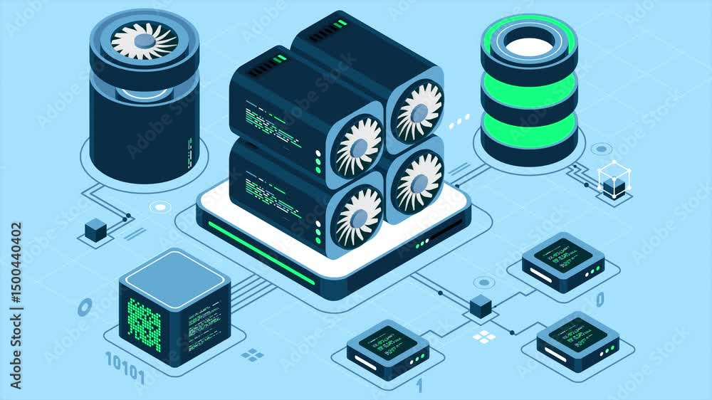 Poster isometric blockchain animation. isometric cryptocurrency. platform creation of digital currency. big