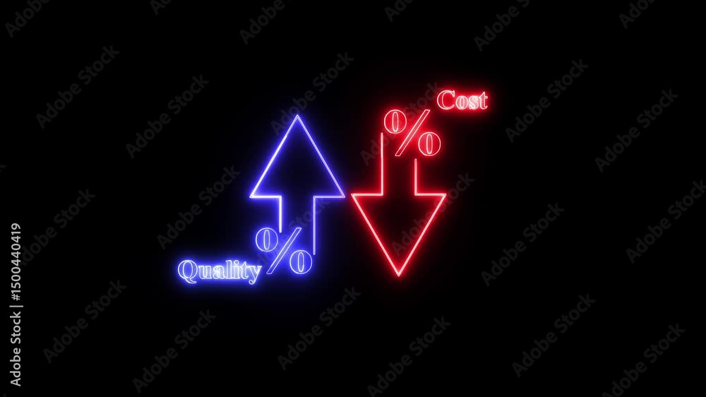 Aufkleber arrows showing quality and cost dynamics. quality and cost dynamics depicted with neon arrows on bla