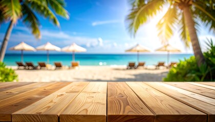 Tropical Beach with Wooden Tabletop.