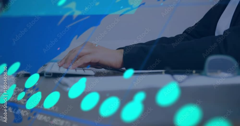 Aufkleber woman typing on keyboard at desk, keystrokes initiating data analytics graphs flowing across us map