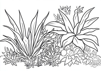 Obraz premium Illustrazione botanica in bianco e nero di piante succulente e fiori