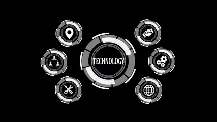 Technology interface featuring circular digital icons. Futuristic technology interface with circular icons on black background for digital concepts - Powered by Adobe