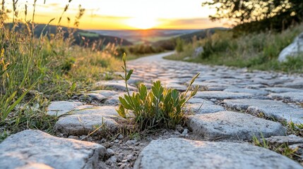 Naklejka premium Sunset Path, Plant Life, Stone Road