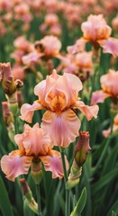 Naklejka premium Photo Iris Bloom With Pink And Orange Petals In A Field With Green Background