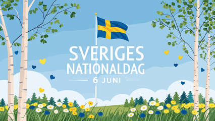 Stylized child’s drawing card celebrating Swedish National Day with Swedish flag, wildflowers, birch trees and text "Sveriges nationaldag 6 juni".