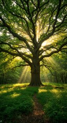 Fototapeta premium Photo Majestic Tree with Sunlight Shining through Forest Path Green Foliage