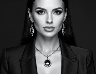 beautiful white woman brunette with cleavage and beautiful pendant and earrings. look straight. Custom AI Model