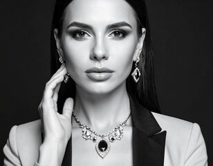 beautiful white woman brunette with cleavage and beautiful pendant and earrings. look straight. Custom AI Model