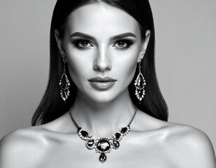 beautiful white woman brunette with cleavage and beautiful pendant and earrings. look straight. Custom AI Model