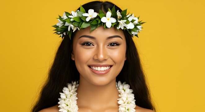 Photo Of A Beautiful Young Woman Smiling With Floral Crown In Yellow Background