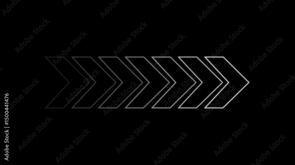 Poster rightward glowing chevron arrows indicating progress. animated sequence of glowing chevron arrows mo