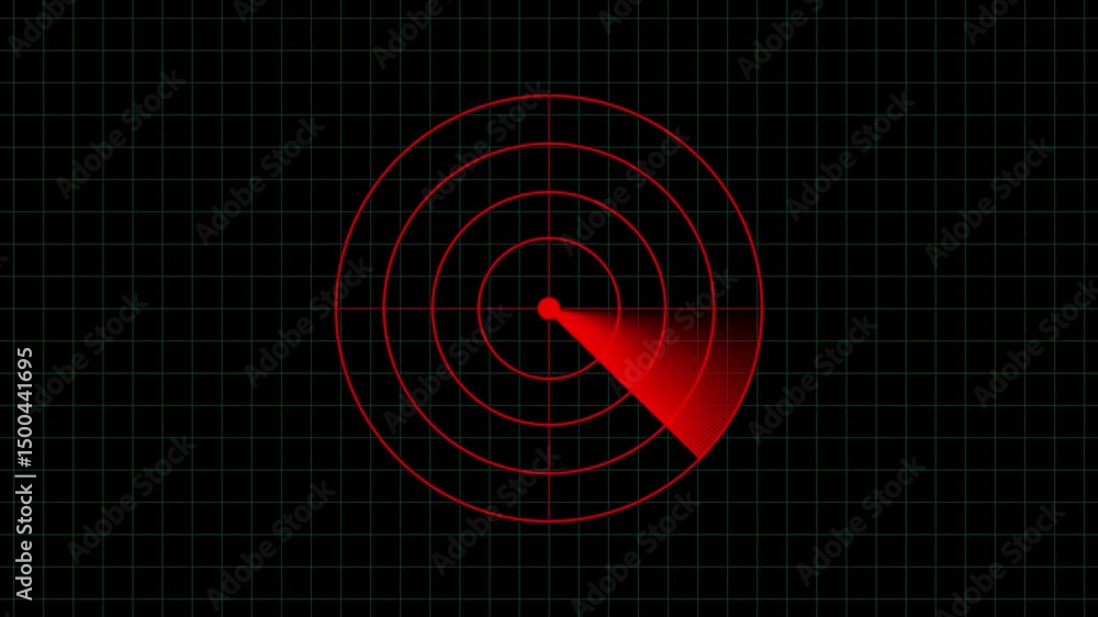 Poster red radar with sweeping beam for cyber security and surveillance. animated red radar screen with swe