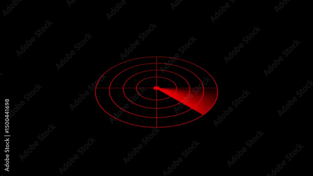 Poster red radar animation with scanning signals and circles. red radar screen animation on black backgroun