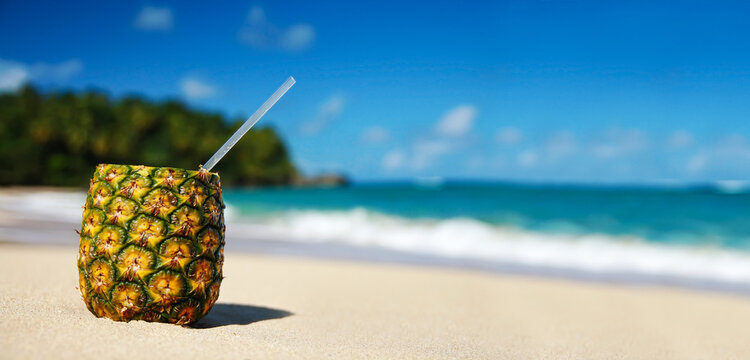 Pineapple with straw on the sandy beach . The coastline is a beautiful blue color with the ocean in the background