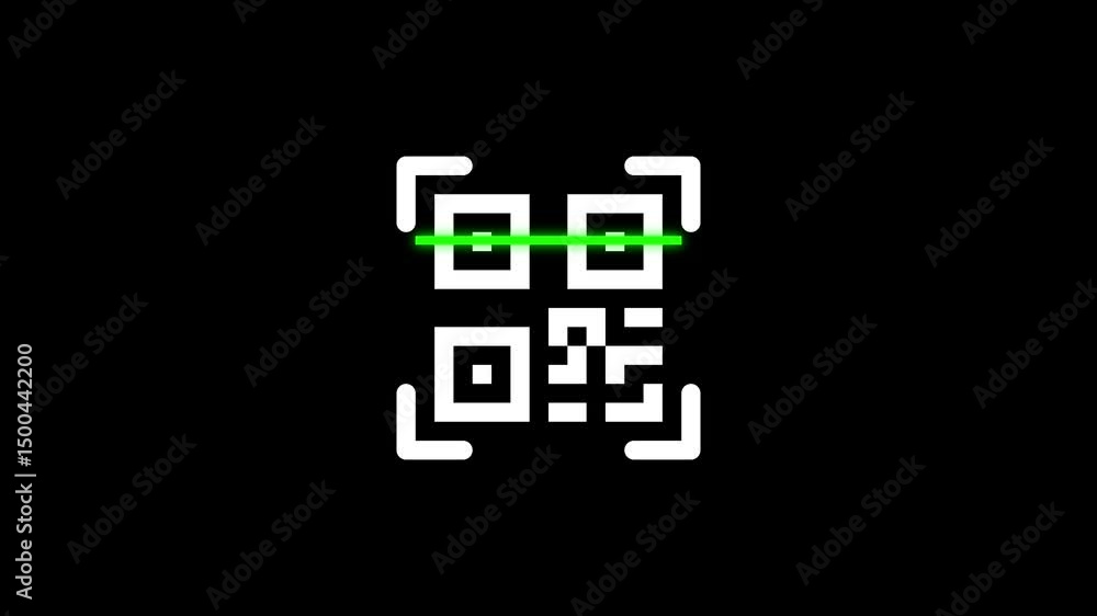 Poster scanning qr code for digital access. animated qr code scanning process with green laser on black bac