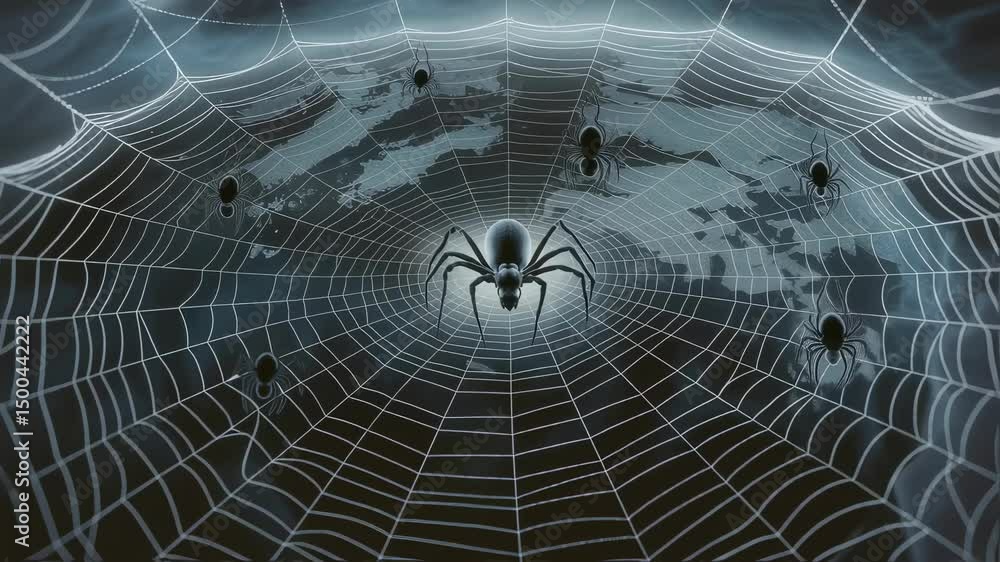 Poster large black spiders crawling across intricate web surrounding dominant central spider, world map ble