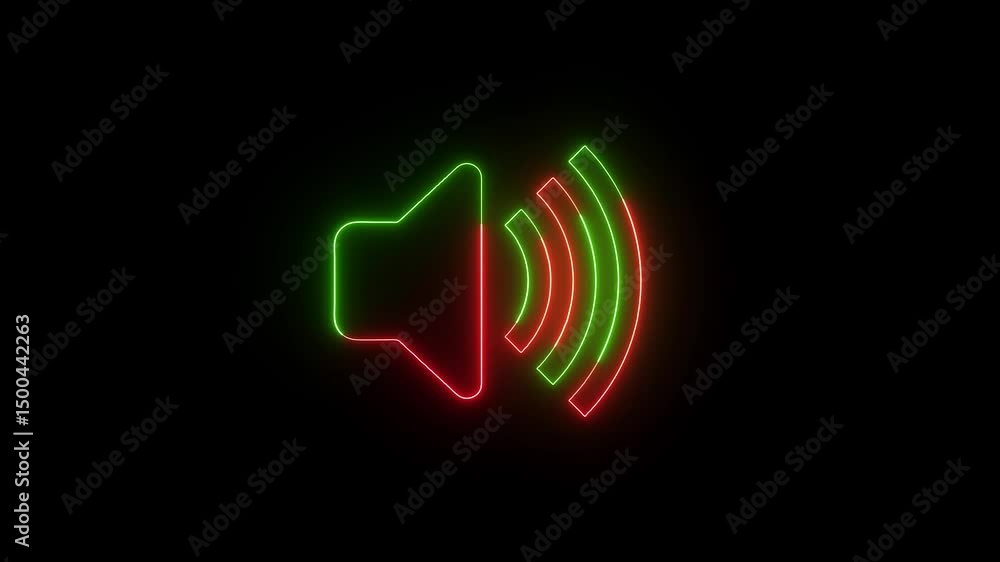 Poster sound wave speaker icon with colorful edges on black. glowing neon speaker icon on black background 