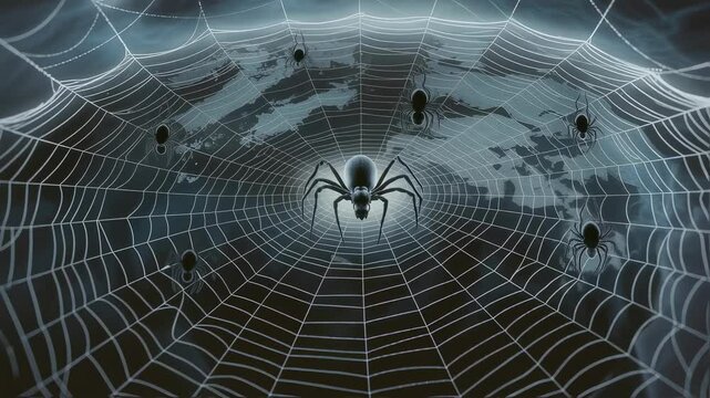 Large black spiders crawling across intricate web surrounding dominant central spider, world map blending into shadowy background, creating ominous network representation