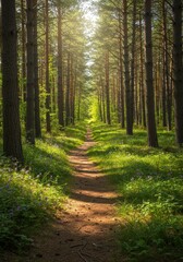 Fototapeta premium Photo of a Forest Path with Green Trees and Bright Sunlight Outdoors