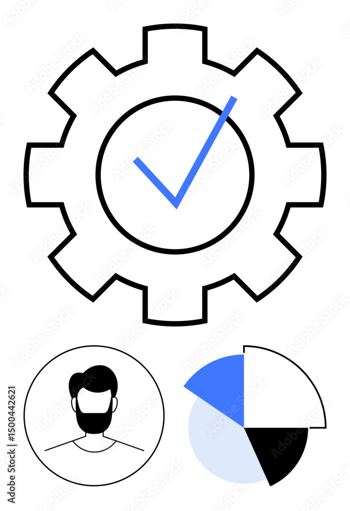 Poster gear with a check mark symbolizes process validation. below, a user profile and pie chart signify us