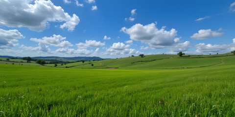 Obraz premium Countryside landscape with blue sky and green fields
