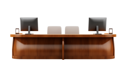 A wooden reception desk with two computer monitors and two picture frames on a black background view