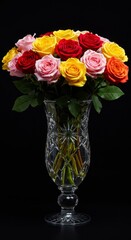 Fototapeta premium Photo Of Colorful Roses Bouquet In A Decorative Glass Vase Against Black Background