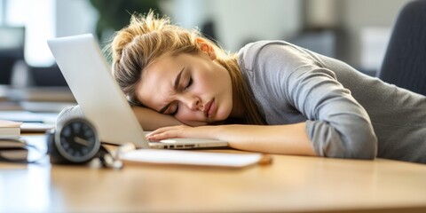 Young woman falling asleep while working at a laptop in a modern office environment during a busy workday
