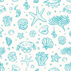 Hand drawn nautical pattern in turquoise. Shells, corals, crab, fish in a repeating seamless pattern with sea life.